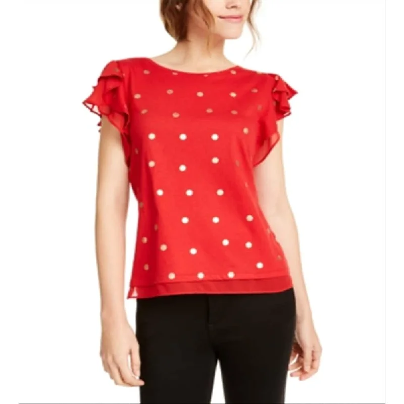 Off-Shoulder Short Sleeve TopsMaison Jules Women's Foil Dot Flutter Sleeve Top Red Size Medium