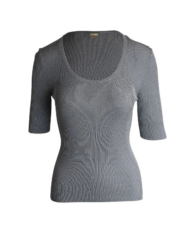 Michael Kors Collection Metallic Ribbed Knit Top in Silver ViscoseKnitted Lightweight