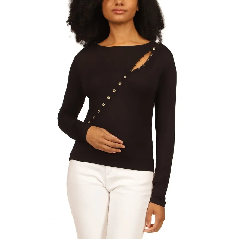 Michael Kors Women's Asymmetrical Button Front Knit Top Black Size LargeKnit Lightweight