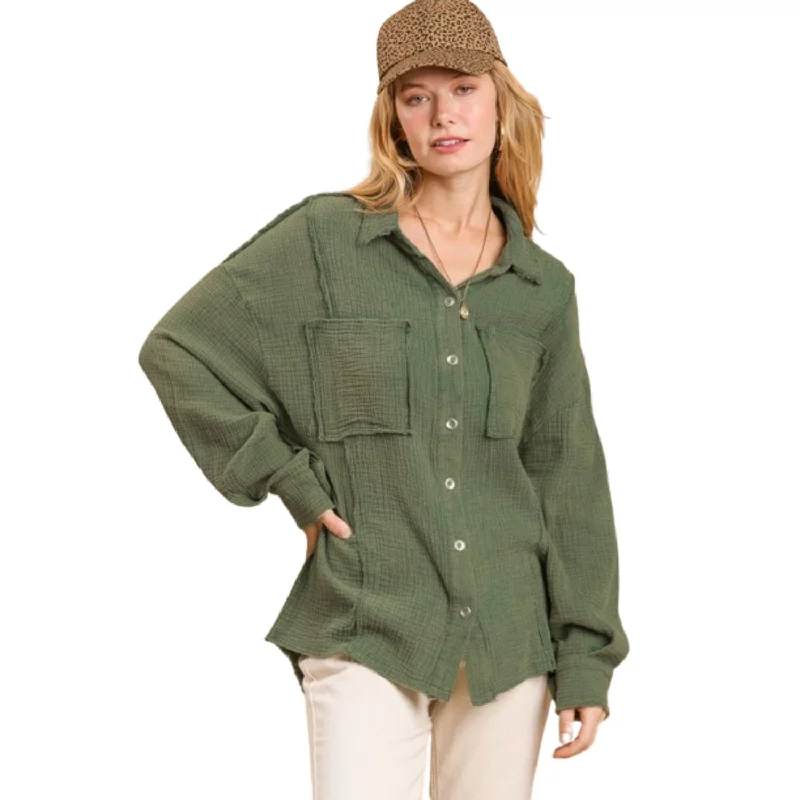 Down ski suitMineral wash button down top with high low hem