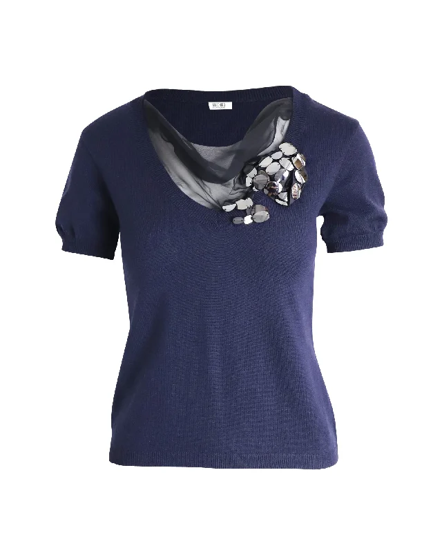 Moschino Embellished Knit Top in Navy Blue WoolKnitted Chunky