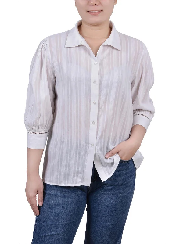 Down volumePetites Womens Ladder Stitch Collar Button-Down Top