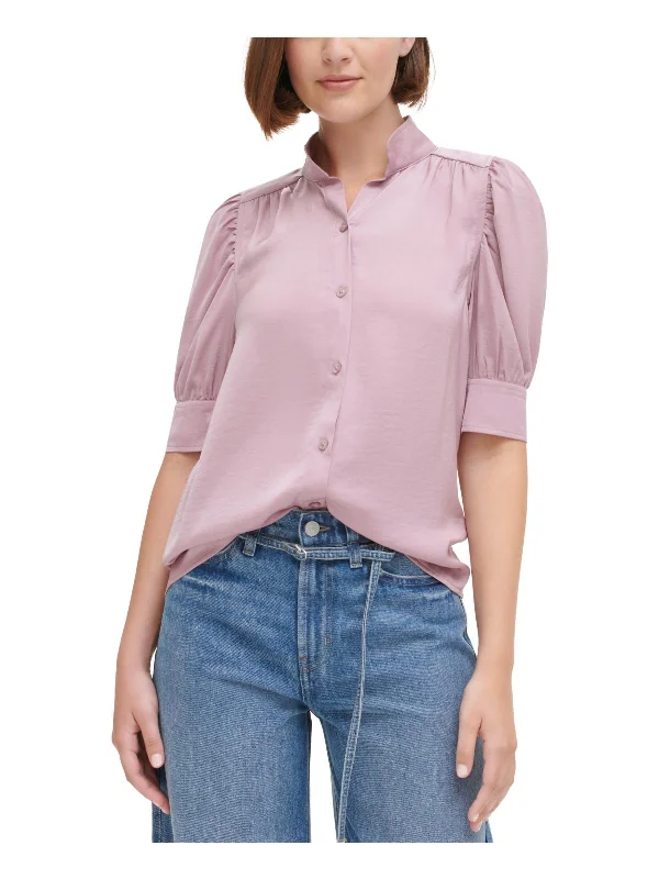 Down contentPetites Womens Lightweight Solid Button-Down Top