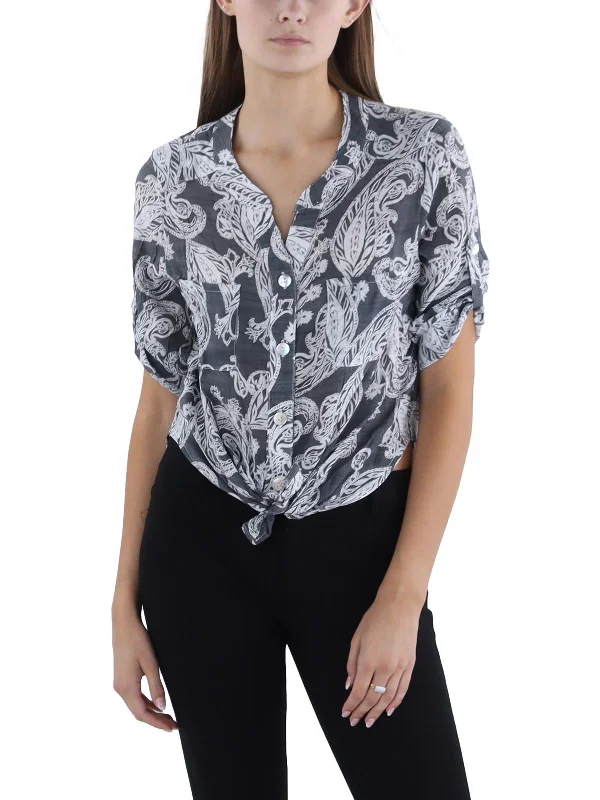 Hot pressing technologyPetites Womens Paisley Knot-Front Button-Down Top