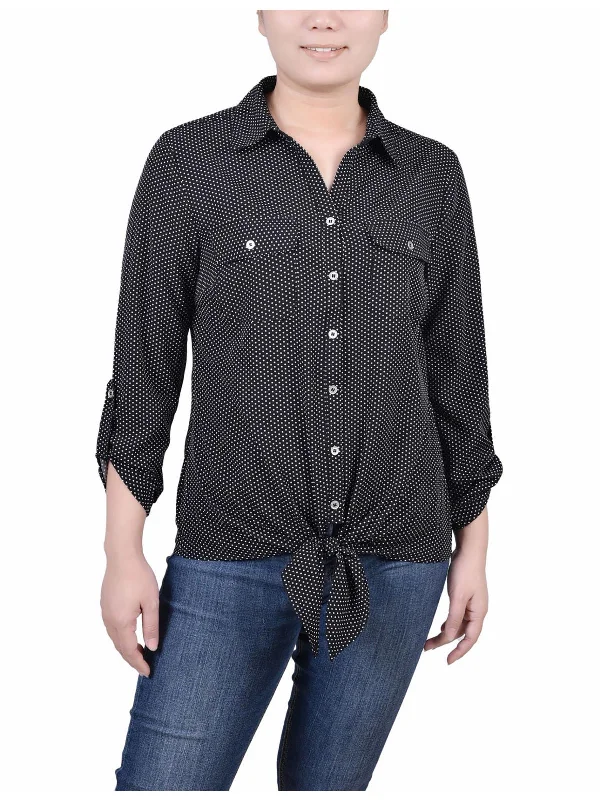 Loose down jacketPetites Womens Polka Dot Tie Front Button-Down Top