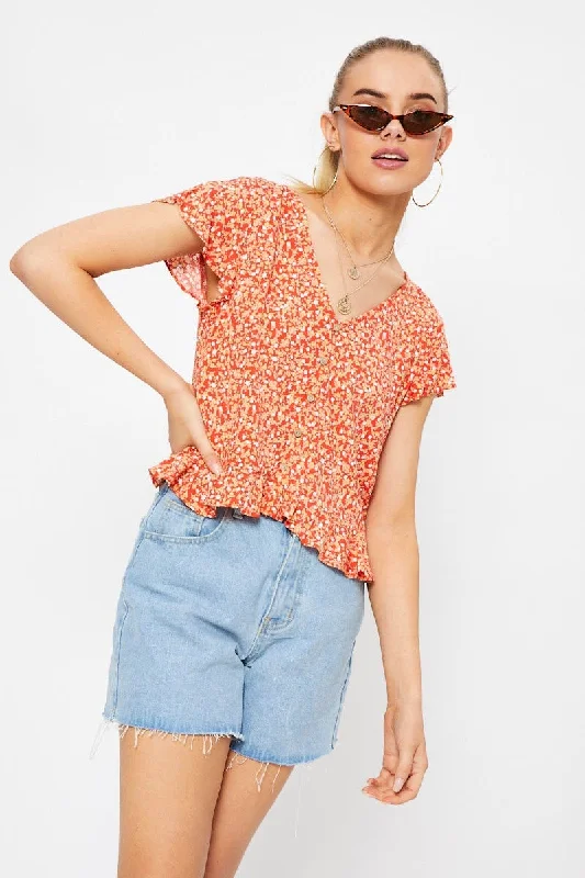 Double-layer structurePrint Button Down Ruffle Top