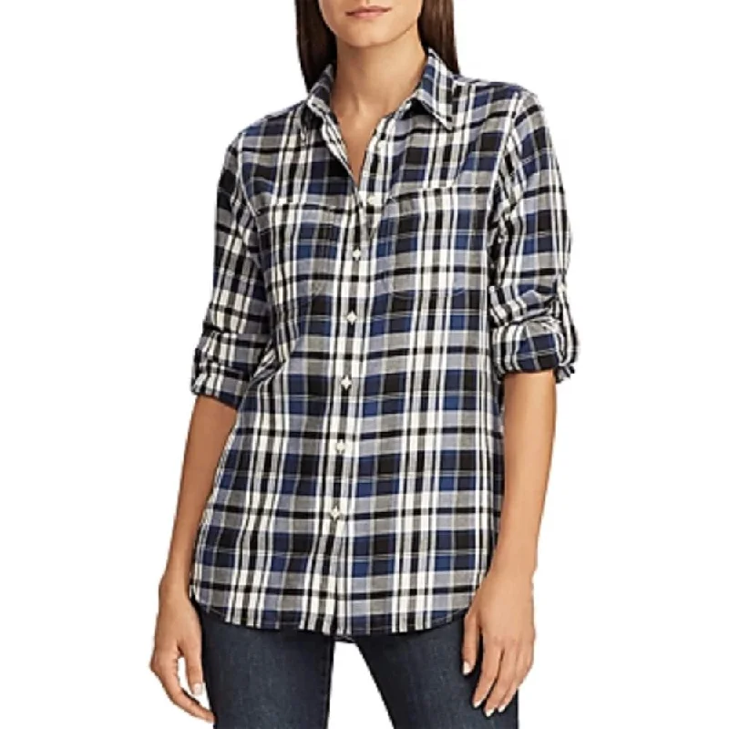 White goose downRalph Lauren Women's Plaid Button Down Top Black Size X-Small