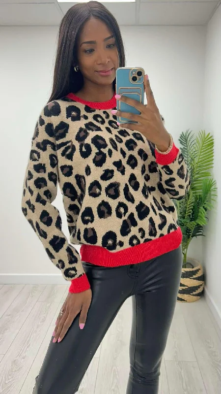 RED TRIM ANIMAL PRINT KNITKnitted Cardigan