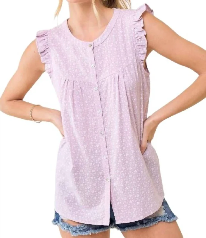 Grey goose downRuffle Sleeve Button Down Top In Lavender