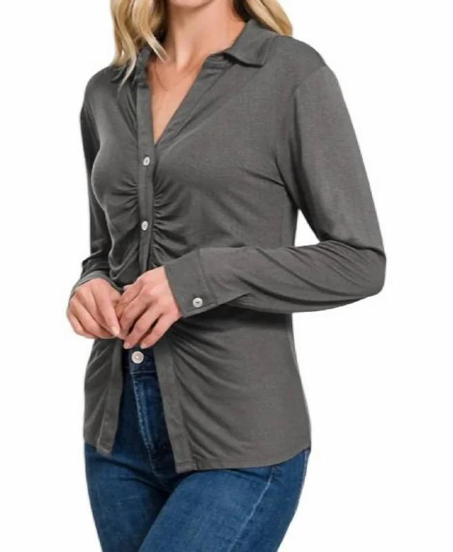 Fashion down jacketShelly Button Down Ruched Top In Ash Grey