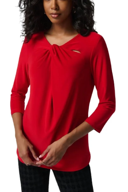 Silky Knit Twist Neck Top In Lipstick RedKnit Striped