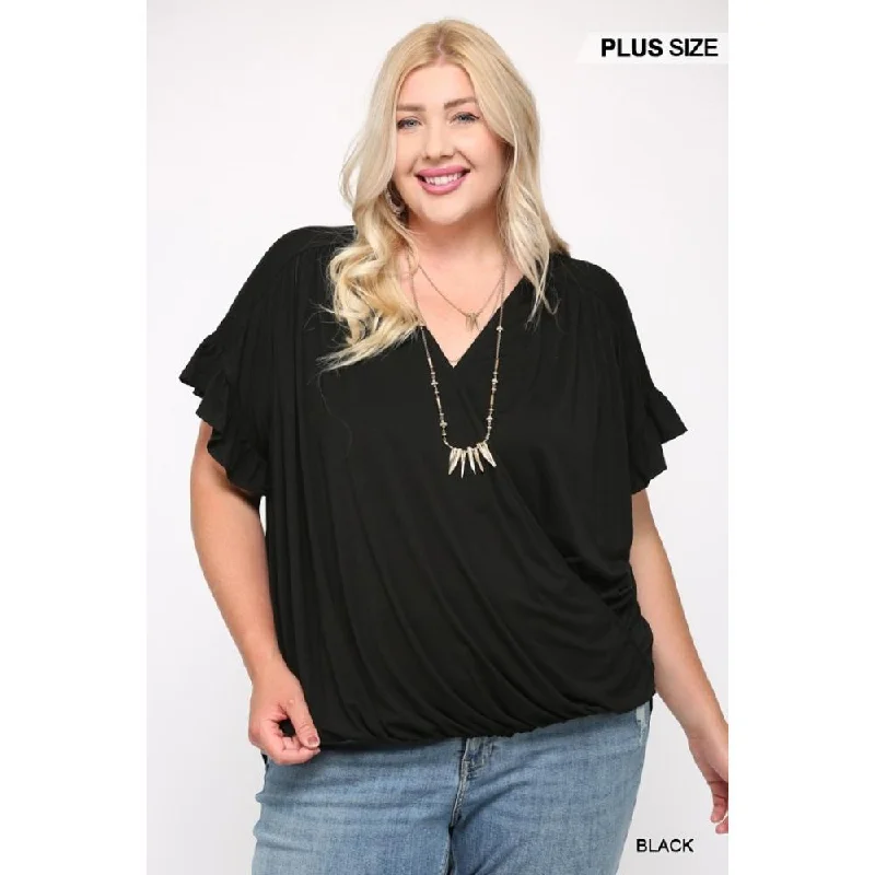 Solid Viscose Knit Surplice Top With Ruffle SleeveKnitted Tank