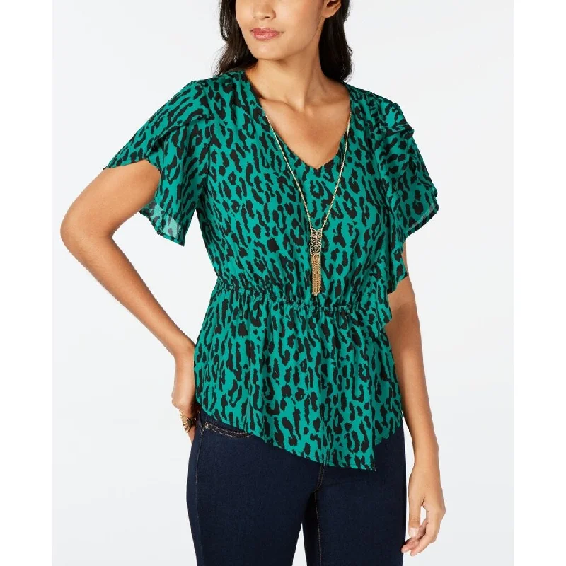 Logo Short Sleeve TopsThalia Sodi Women's Printed Flutter Sleeve Peplum Top Green Size Small