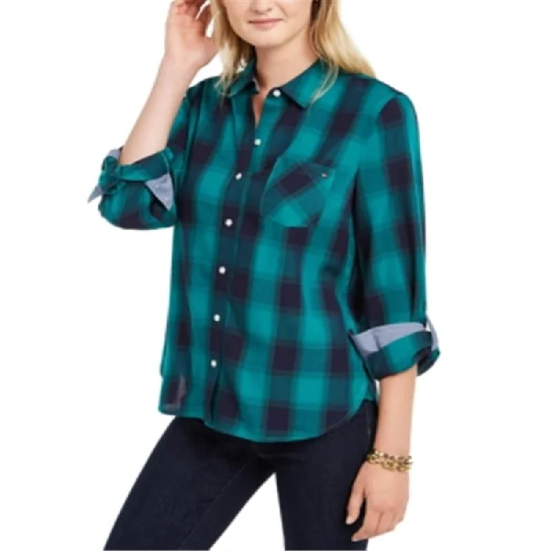 Waterproof Wind performanceTommy Hilfiger Women's Plaid Collared Button Down Top Green Size Small