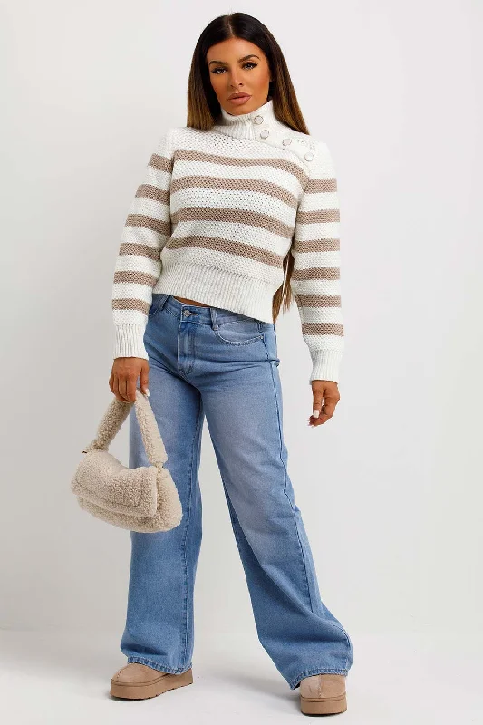 Turtle Neck Stripe Knitted Jumper With Button Detail BeigeKnitted V-Neck