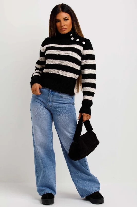 Turtle Neck Stripe Knitted Jumper With Button Detail BlackKnit Crewneck