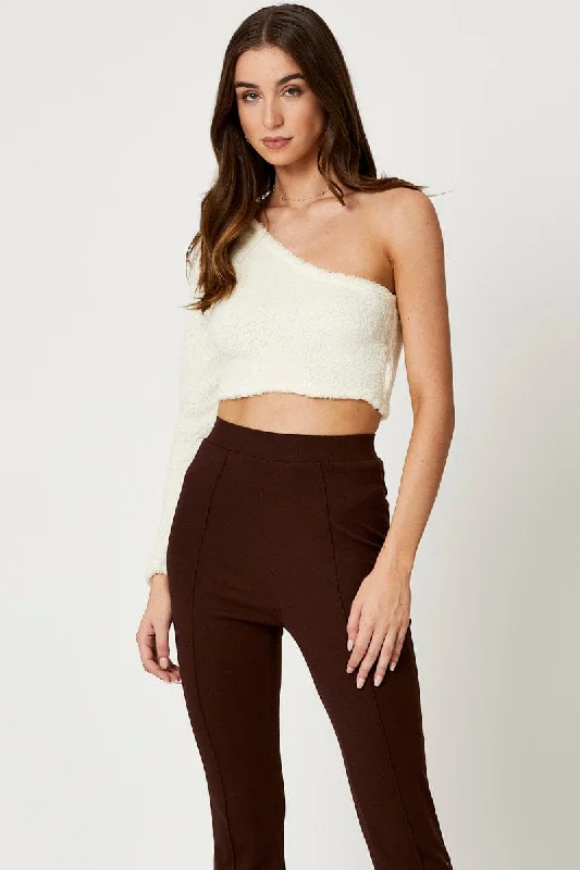 White One Shoulder Fluffy Knit TopKnit Sheer