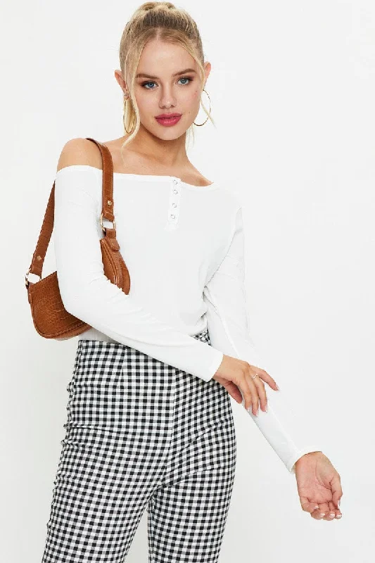 White Snap Button Off Shoulder KnitKnit Pullover