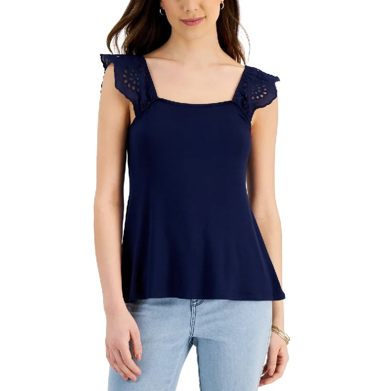 Printed Short Sleeve TopsWillow Drive Women's Eyelet Flutter Sleeve Top Blue Size Large