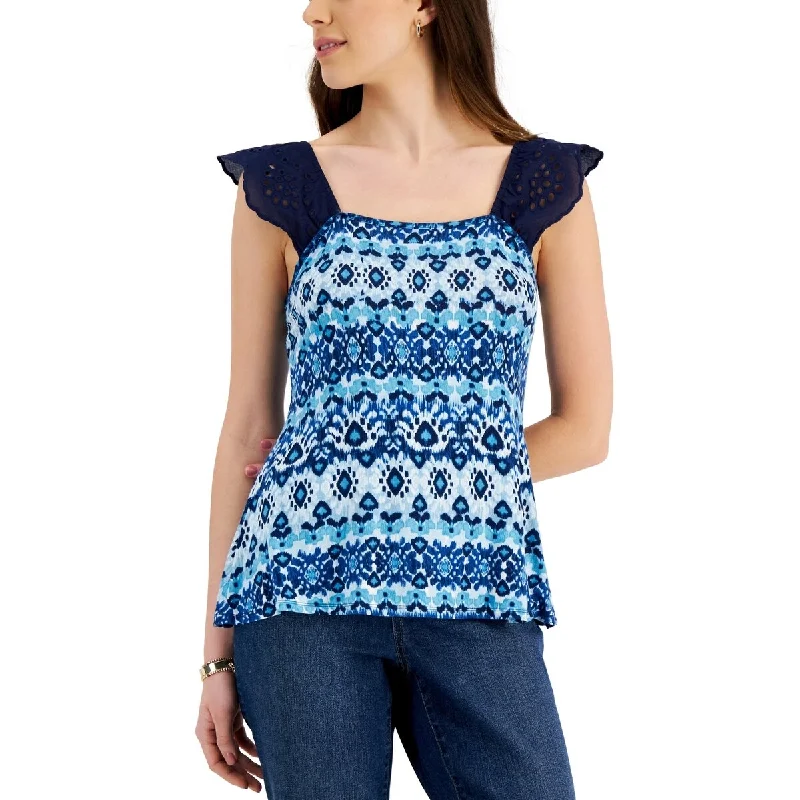 Slim Fit Short Sleeve TopsWillow Drive Women's Eyelet Flutter Sleeve Top Blue Size X-Large