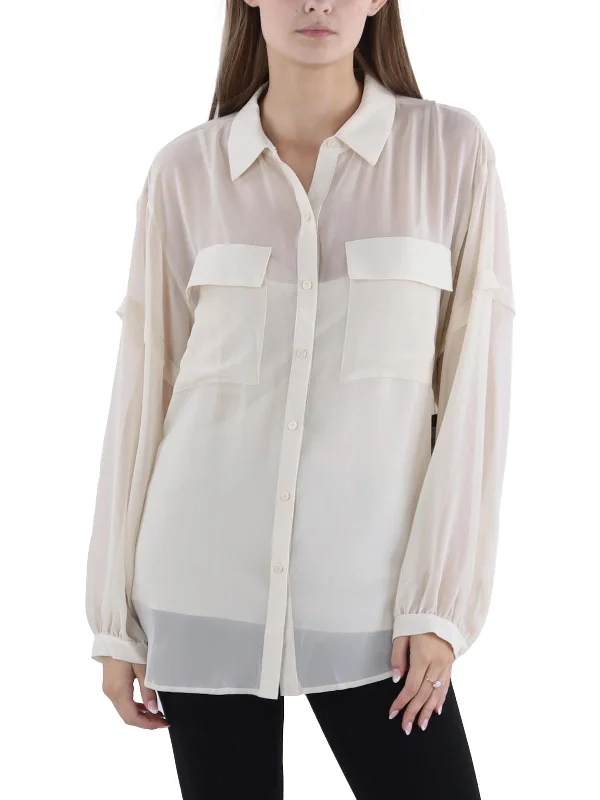 Quilted designWomens Chiffon Collared Button-Down Top