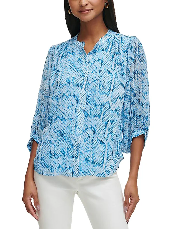 Fashion down jacketWomens Chiffon Printed Button-Down Top