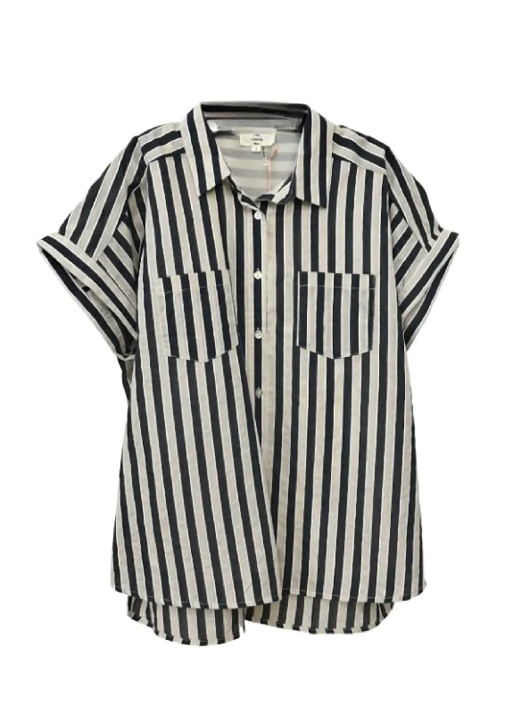 High-density fabricWomen's Classic Stripe Button Down Top In Black