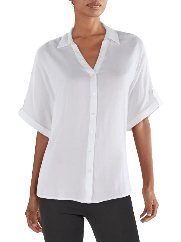 Anti-drilling down technologyWomens Collar Cuff Sleeves Button-Down Top