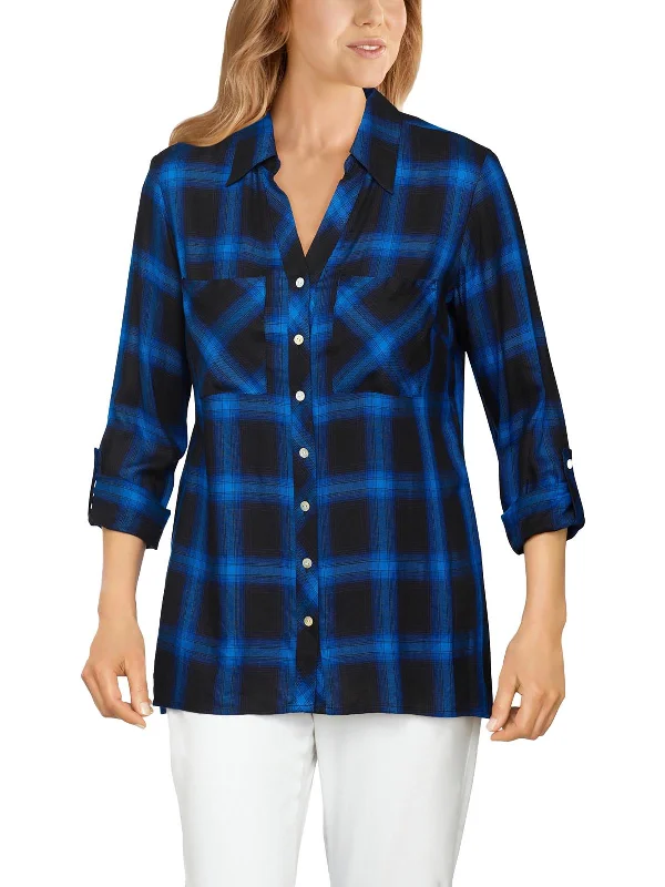 Short down jacketWomens Collar Plaid Button-Down Top