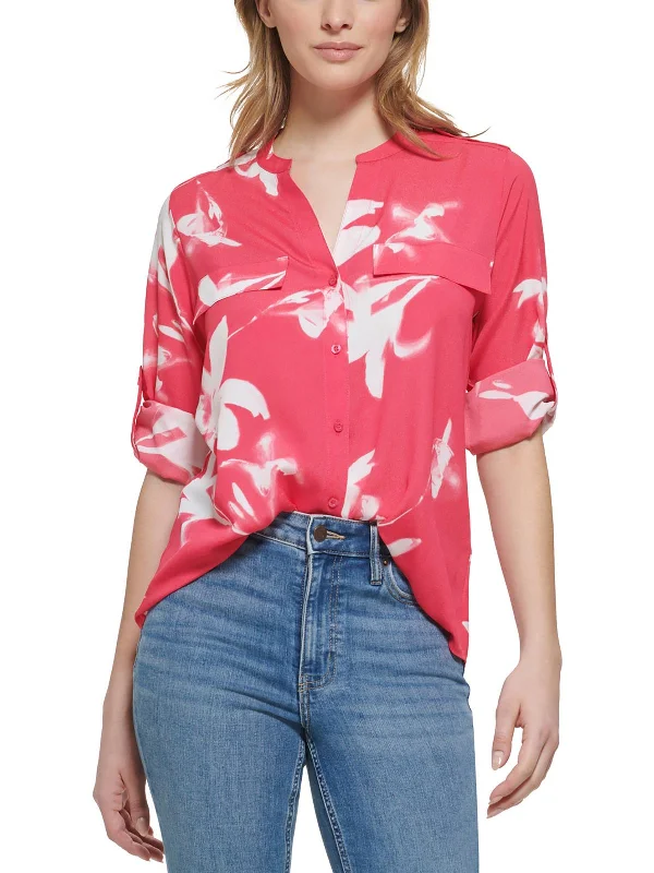 Duck downWomens Collarless Floral Button-Down Top