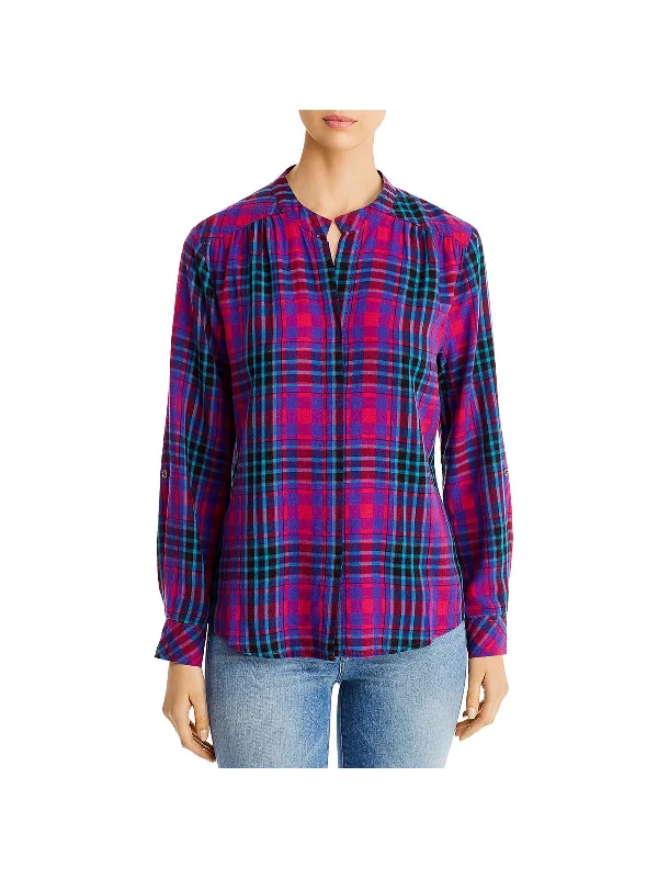 Environmentally friendly downWomens Collarless Plaid Button-Down Top