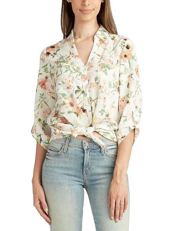 Wind resistanceWomens Floral Print Collared Button-Down Top