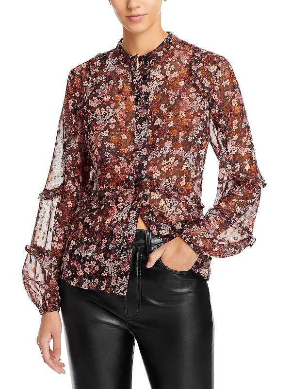 Punk down jacketWomens Ruffled Floral Print Button-Down Top