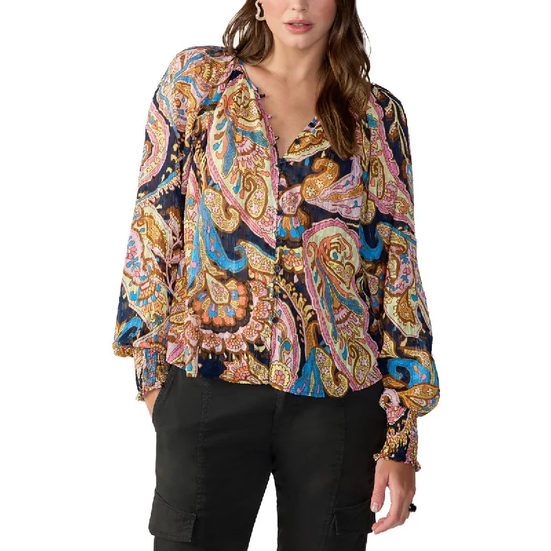 Down dressWomens Sheer Metallic Button-Down Top