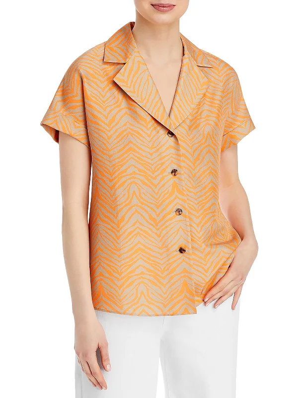 Multi-pocket designWomens Silk Animal Print Button-Down Top