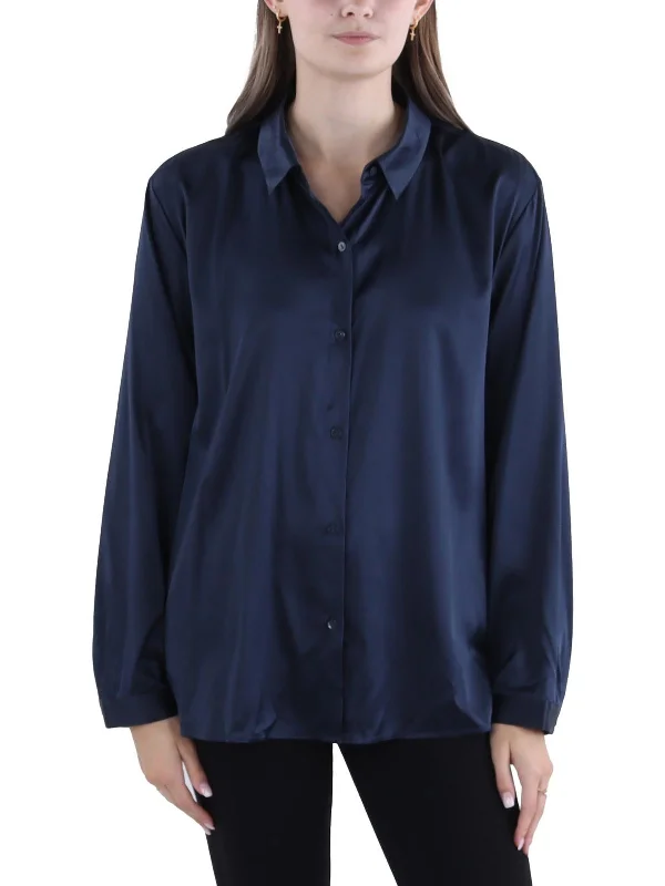 Double-layer structureWomens Silk Classic Collar Button-Down Top