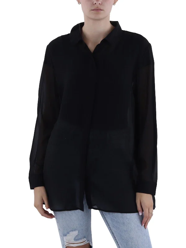 Down jacket with scarfWomens Silk Sheer Button-Down Top