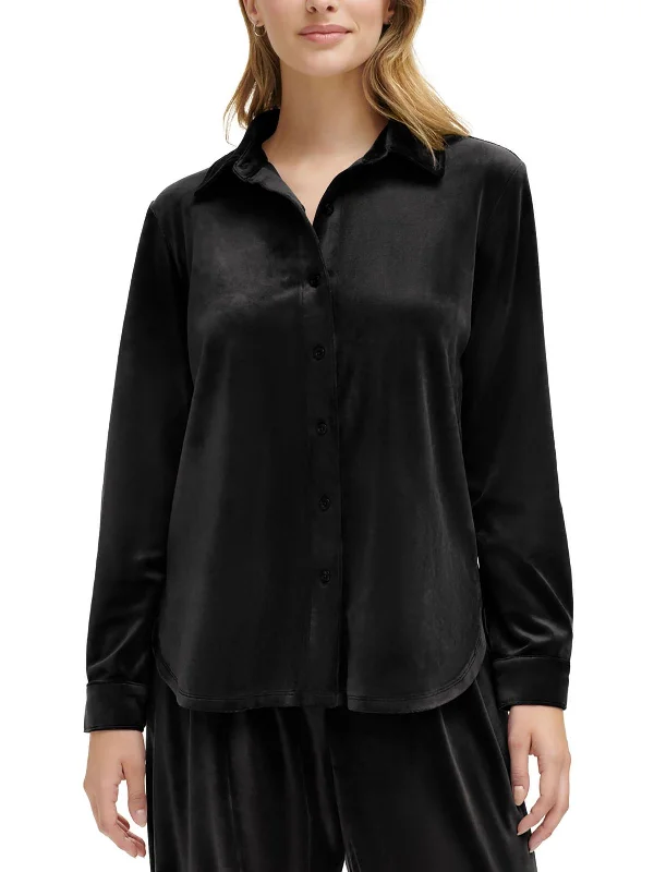 Long down jacketWomens Velour Collared Button-Down Top