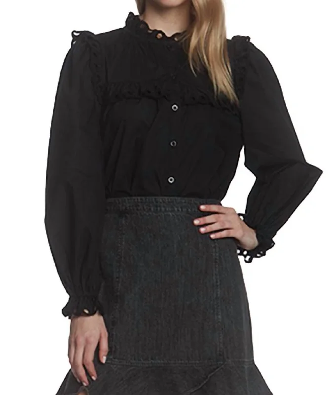 Down jacket with backpackEyelet Ruffle Trim Button Down Top In Black