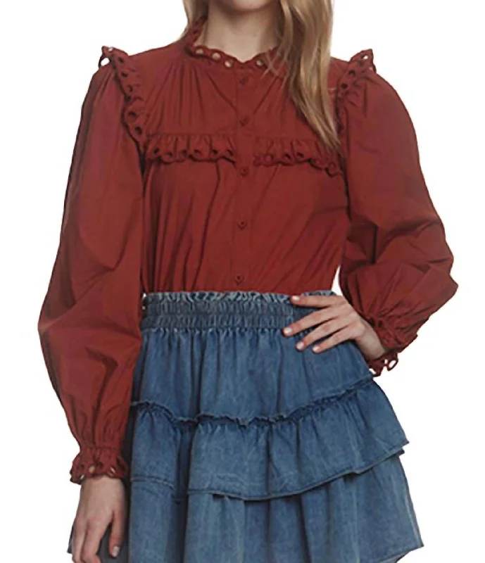 Down fillingEyelet Ruffle Trim Button Down Top In Spice