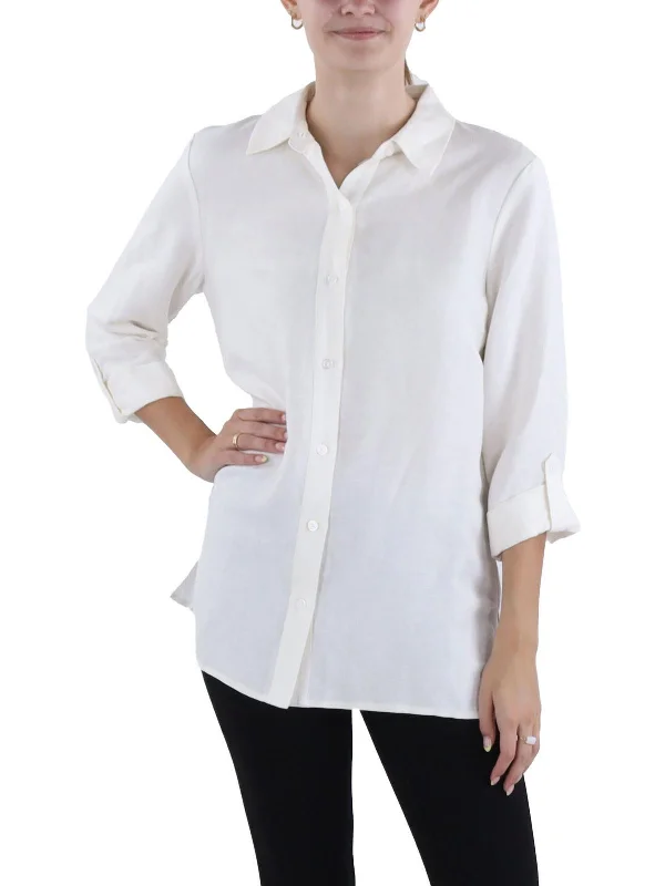 Removable linerWomens Linen Blend Roll Tab Button-Down Top