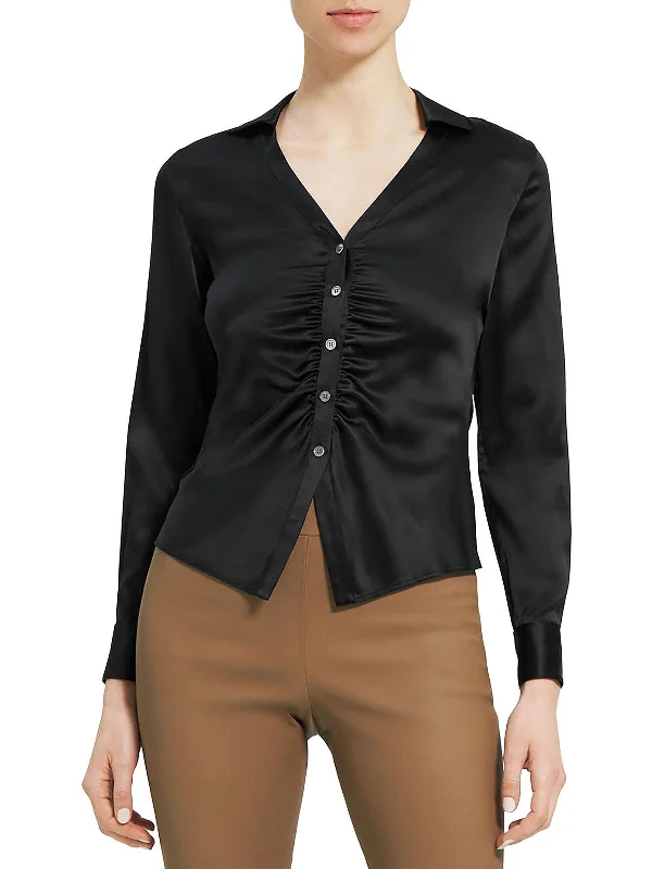 Multi-pocket designWomens Satin Button-Down Top