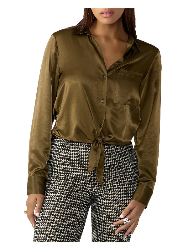 Bohemian down jacketWomens Satin Tie Front Button-Down Top