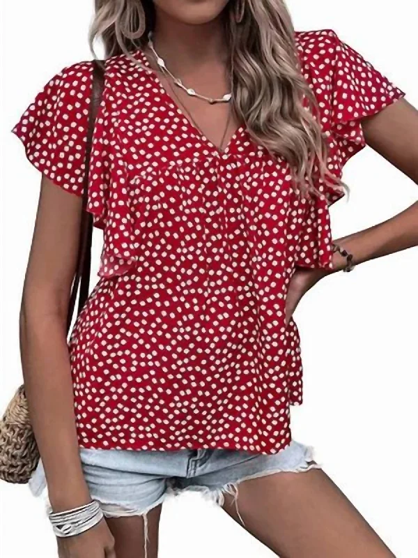 Logo Short Sleeve TopsLauren Floral Flutter Sleeve Top In Red