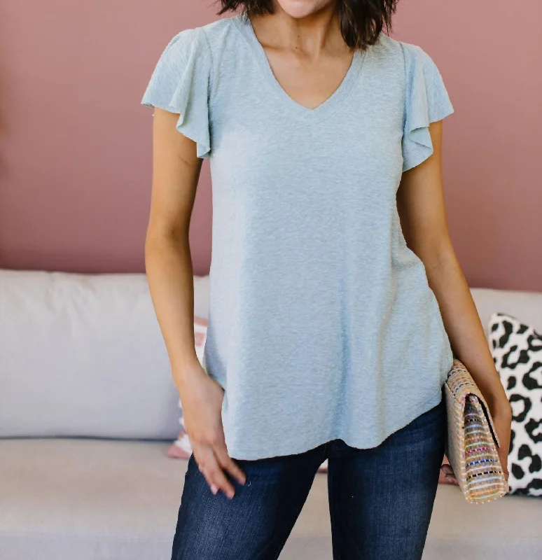 Scoop Neck Short Sleeve TopsSlub Knit Flutter Sleeve Top In Dusty Mint