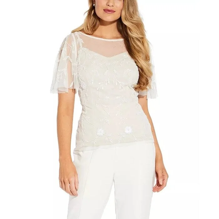 Yoga Short Sleeve TopsAdrianna Papell Women's Beaded Flutter Sleeve Top White Size 14