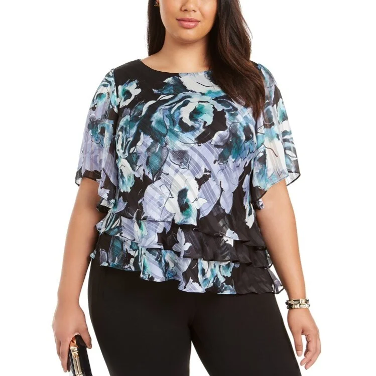 Velvet ShirtsAlex Evenings Women's 3/4-Sleeve Printed Blouse Black Size Medium - Blue