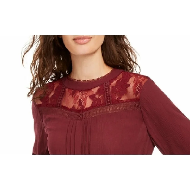 Chambray ShirtsAmerican Rag Juniors' Lace-Trimmed Smocked-Waist Blouse Dark Red Size Extra Small