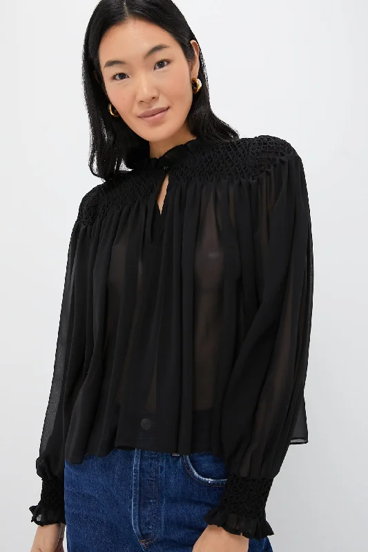 Button-Up ShirtsBlack Sheer Smocked Rylie Blouse