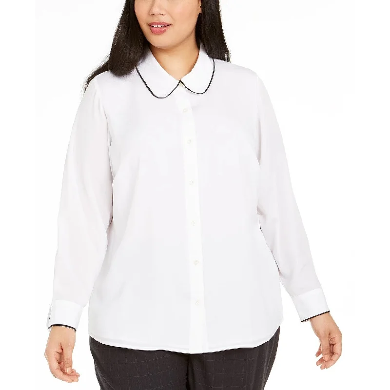 Lace-Up ShirtsCalvin Klein Women's Collared Colorblocked Trim Blouse Top White Size 1X